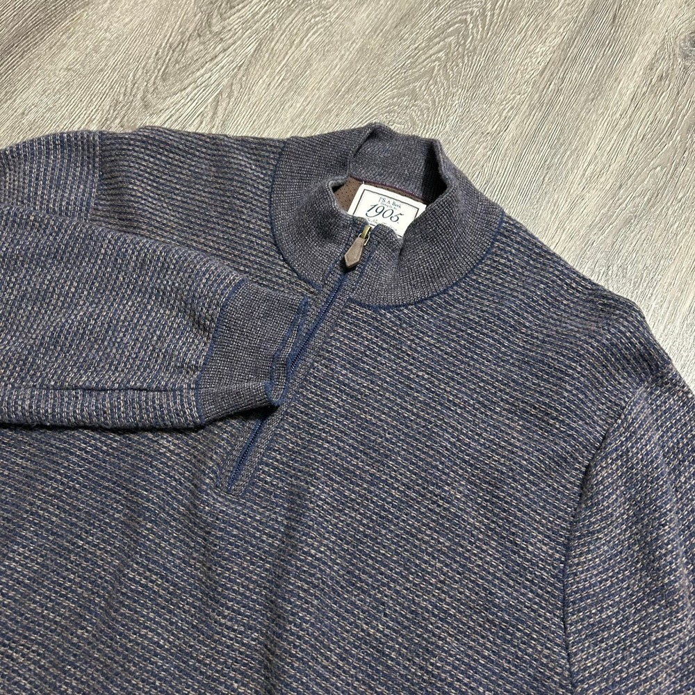 Jos A Bank‎ 1905 Sweater XL Blue Wool Blend Quarter Zip Textured Knit Mock Neck